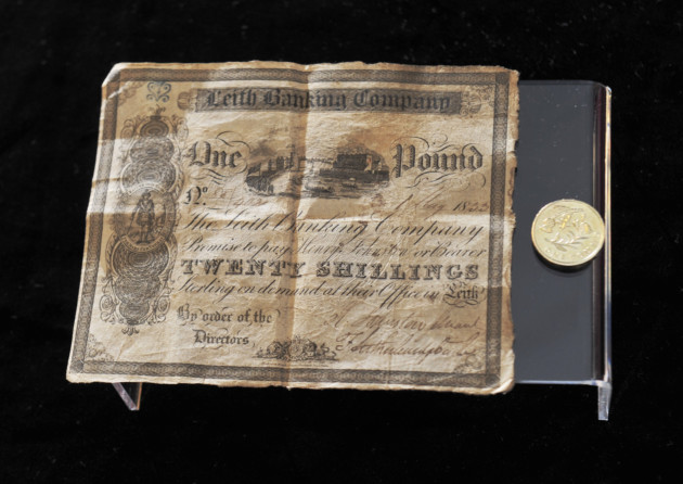 20 shilling (one pound) Leith Banking Company bank note which was issued in 1833. © Crown Copyright reproduced courtesy of Historic Scotland.