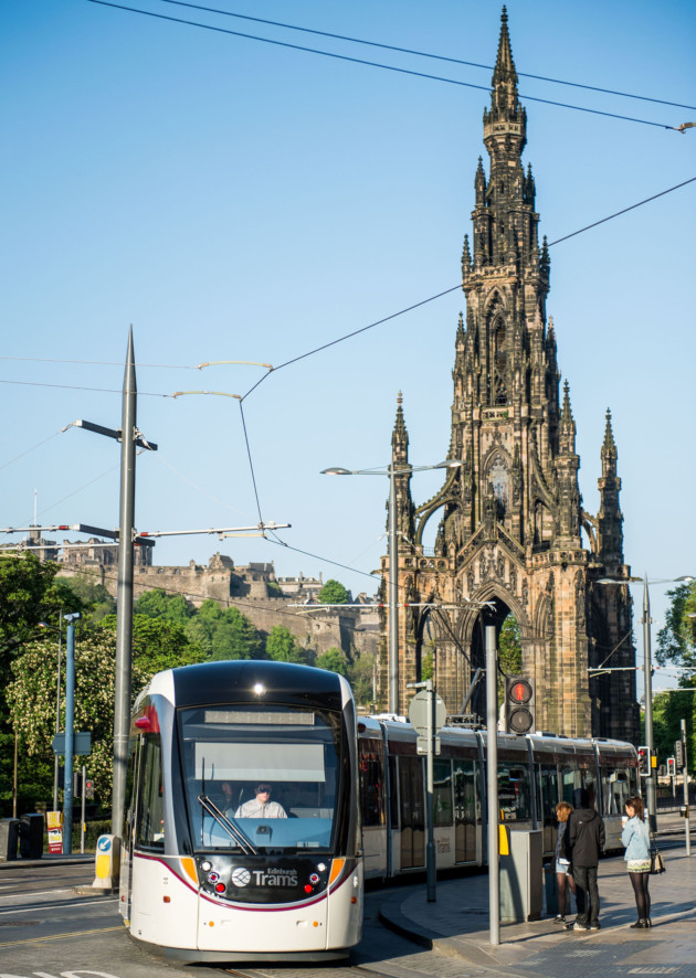 Edinburgh Trams run from the airport to York Place with stops at train stations, Murrayfield Stadium and the West End