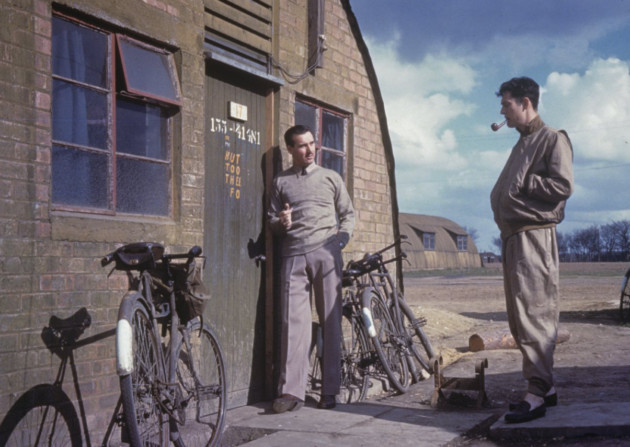 Lieutenant Jack Havener and Wroneski of the 344th Bomb Group relax outside their Nissen Hut; image taken by Jack K Havener, 344th Bomb Group. Photo: Imperial War Museum