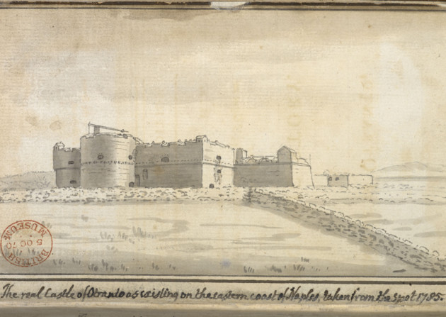 Watercolour of the Castle of Otranto in Horace Walpole's personal copy of The Castle of Otranto. Photography courtesy of the British Library.