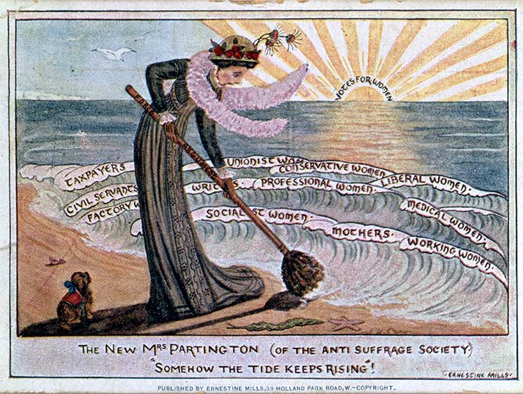 One of the artworks that inspired Mary Branson: 'The New Mrs Partington (of the Anti Suffrage Society) "Somehow The Tide Keeps Rising" Ernestine Mills c.1910' Credit: © Ernestine Mills, administrator V. Irene Cockroft Copyright Notice: © Ernestine Mills, administrator V. Irene Cockroft