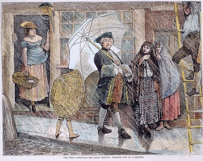 The first umbrella, used by Jonas Hanway of London: wood engraving, 1871. Credit: Granger Historical Picture Archive/Alamy