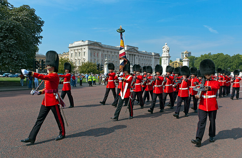 Grenadier Guards march outside Buckingham Palace after Changing the Guard